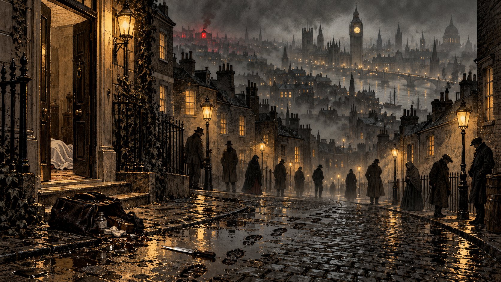 Soho, the night of the murder: the doctor's bag, the bootprints and the knife, suspects in the street, and a red glow far to the west.